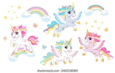 Colección de adorables dibujos animados volando unicornios y estrellas en un paquete de pegatinas de fondo blanco. Ilustración vectorial en estilo de dibujos animados para prendas de vestir, telas, souvenirs para niños con motivos de impresión y decoración