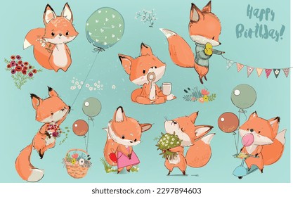 Collection with cute cartoon foxes and elements