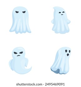 Collection of cute cartoon ghost characters with friendly and spooky expressions, including smile, sad, angry, and scared, perfect for halloweenthemed designs