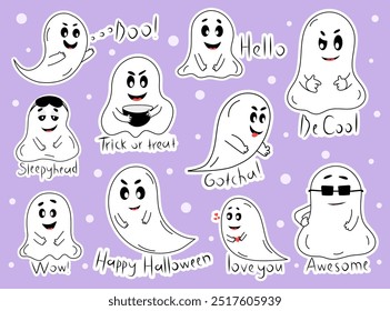 A collection of cute cartoon ghosts expressing different emotions and phrases like "Boo!", "Wow!", "Trick or Treat", "Hello", and "Happy Halloween" on a purple striped background