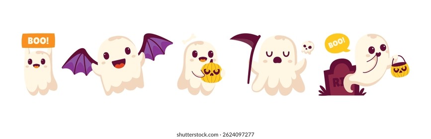 Collection of Cute Cartoon Ghosts for Halloween Holiday Design Elements