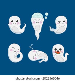 Collection of cute cartoon ghosts - sleeping, eating watermelon, taking a shower. etc. Decorative design elements for Halloween. Vector flat design illustration