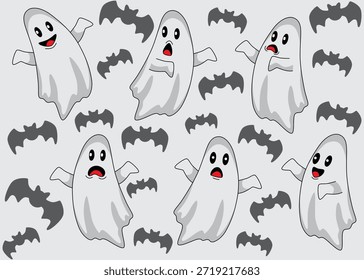 Una colección de lindos fantasmas de dibujos animados con varias expresiones faciales y murciélagos voladores. Este set de Ilustración vectorial presenta espíritus amistosos en diferentes poses, perfecto para decoraciones de Halloween, pegatinas, tarjetas de felicitación y diseños infantiles. Aislado en un fondo claro.