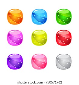 Collection Cute cartoon glossy Rectangle round with jelly in different colors. Vector assets Magic love item for web or game design. Decorative GUI elements, Colorful glossy button icon set, isolated 