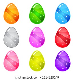 Collection Cute cartoon glossy shape easter egg with jelly in different colors.
