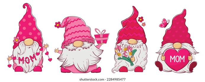 Collection of cute cartoon gnomes with gifts and flowers for valentine's day and mother's day