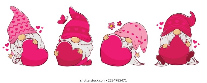 Collection of cute cartoon gnomes with hearts for valentine's day and mother's day