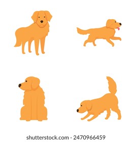 Collection of cute cartoon golden retriever dogs in different postures on a white background