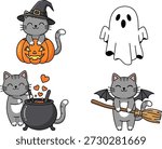 A collection of cute cartoon gray cats in various Halloween-themed settings, including a witch