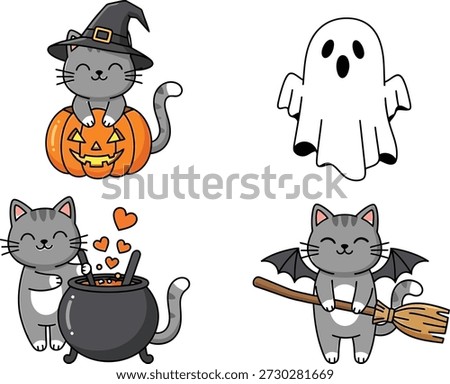 A collection of cute cartoon gray cats in various Halloween-themed settings, including a witch's hat, pumpkin, ghost, cauldron, and broomstick, showcasing a playful and festive atmosphere perfect for the holiday season.
