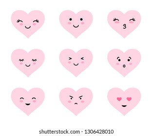 Collection of cute cartoon heart emoticons. Heart shaped emodji set for Valentines day.