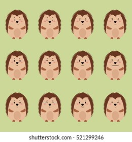 Collection of cute cartoon hedgehog emotions icon. Flat animals emoticons set vector on grey background.Wild animal. Design elements.Vector Illustration.