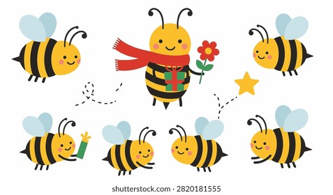 Collection of cute cartoon honey bee characters featuring a festive bee in a red scarf holding a gift and flower, with small flying bees and stars, isolated on a white background.