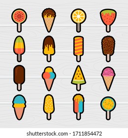 Collection of cute cartoon ice cream stickers. Frozen fruit juice, dessert. Hand drawn summer sweets. Vector illustration
