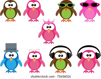 Collection of cute cartoon illustration owls