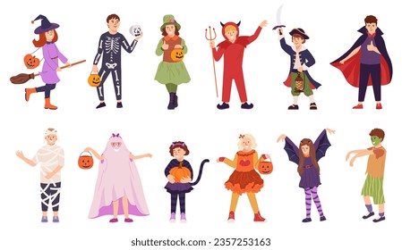 Collection of cute cartoon kids in colorful Halloween costumes: cat, pirate, devil, witches, ghost, mummy, skeleton. Cute little kids dressed in carnival clothes set. Flat vector illustration isolated