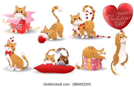 Collection of cute cartoon kittens isolated on white background. Valentine's Day with fluffy kittens in a box with a balloon. Vector illustration