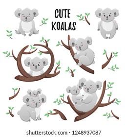 Collection of cute cartoon koalas. Set of vector stickers. Doodle icons. Template for design, print, textile.