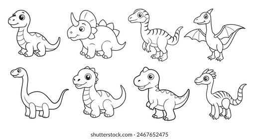 Collection of cute cartoon little dinosaurs for stickers, coloring pages and designs for kids. Vector illustration.