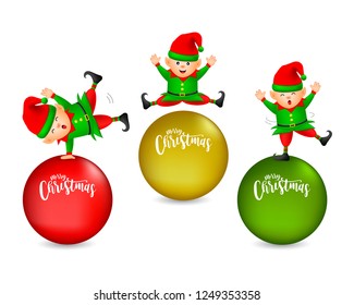 Collection of cute cartoon little elf with ball.  Merry Christmas and Happy New Year. Illustration isolated on white background.