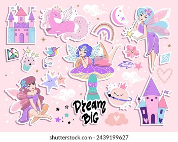 Colección con lindas hadas de dibujos animados, unicornio, castillo y elementos mágicos sobre un fondo rosa. Ilustración vectorial pegatinas para niña