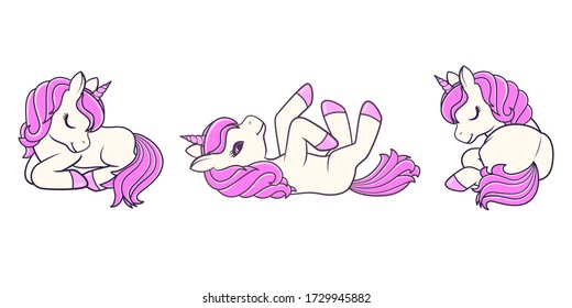 Collection of Cute Cartoon Lying down Unicorns. Vector illustration