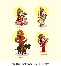 collection of cute cartoon mascots of the Hindu gods Saraswati, Indra, Agni, Lakshmi