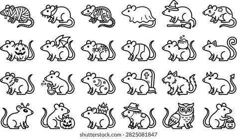A collection of cute cartoon mice dressed in various Halloween costumes and spooky themes, presented as a black and white line art icon set.