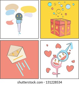 Collection of cute cartoon. Microphone, envelope, present, and sex icon.