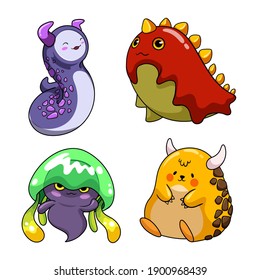 Collection of cute cartoon monster character vector illustrations. Design for print, party decoration, t-shirt, illustration, logo, emblem or sticker.