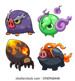 Collection of cute cartoon monster character vector illustrations. Design for print, party decoration, t-shirt, illustration, logo, emblem or sticker.