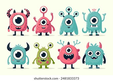 Collection of cute cartoon monster creatures for designing childrens storybooks, posters, room decor. Fun, friendly flat illustration for playful branding.