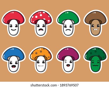 Collection of cute cartoon mushrooms. Vector set of cartoon character with many expressions. Good for icon, logo, label, sticker, clipart.