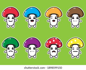 Collection of cute cartoon mushrooms. Vector set of cartoon character with many expressions and pose. Good for icon, logo, label, sticker, clipart.