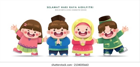 Collection of cute cartoon Muslim boys and girls character design for Hari Raya Aidilfitri.