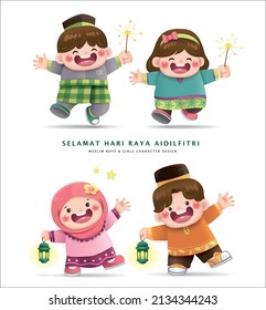 Collection of cute cartoon Muslim boys and girls character design for Hari Raya Aidilfitri