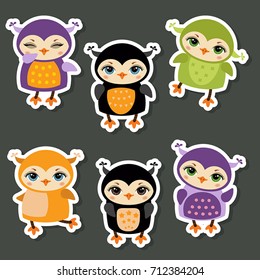 Collection of cute cartoon owl stickers. Happy Halloween.