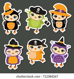 Collection of cute cartoon owl stickers. Happy Halloween.