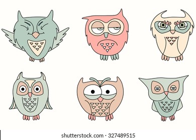 Collection cute cartoon owls.  