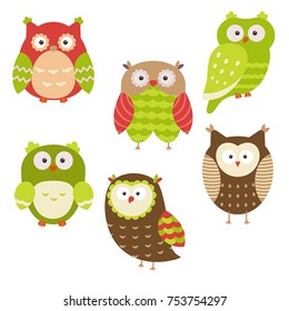 Collection of cute cartoon owls. Christmas theme.
