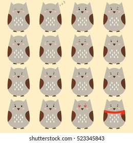 Collection of cute cartoon owls emotions icon. Flat animals emoticons set vector on grey background.