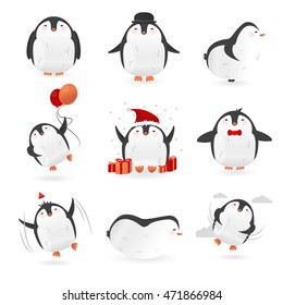 Collection of cute cartoon penguins characters. Set of funny birds. Vector winter illustration isolated on white background