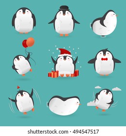 Collection of cute cartoon penguins characters. Set of funny birds. Vector winter illustration isolated on white background