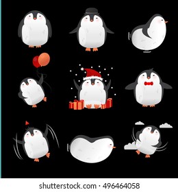 Collection of cute cartoon penguins characters. Set of funny birds. Vector winter illustration isolated on white background