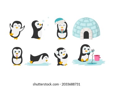 Collection of cute cartoon penguins with icehouse - dancing, eating ice cream, fishing. playing snowball. Winter decorative elements for printing on fabric, wrapping, greeting cards, banners. Vector