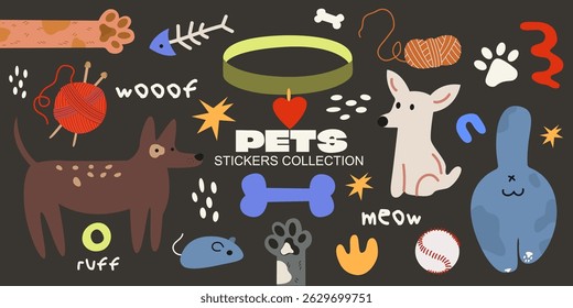 Collection of cute cartoon pets stickers. Vector pets, cats and dogs clipart in a groovy style. Zoo set, accessories and equipment for animals in doodle retro style