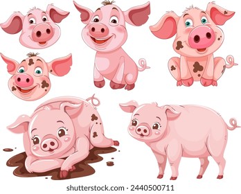 Collection of cute cartoon piglets in various poses.