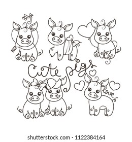 Collection of cute cartoon pigs. Vector illustration, coloring set