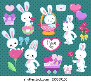 Collection of cute cartoon rabbits spring with gifts, hearts and flowers Isolated on a polka dot background.Vector illustration