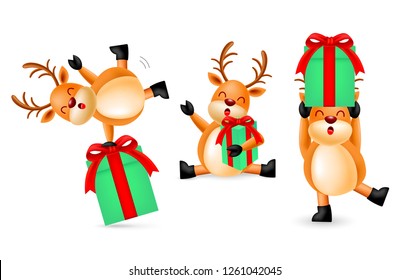 Collection of cute cartoon Reindeer with gift boxes. Merry Christmas and Happy New Year. Illustration isolated on white background.